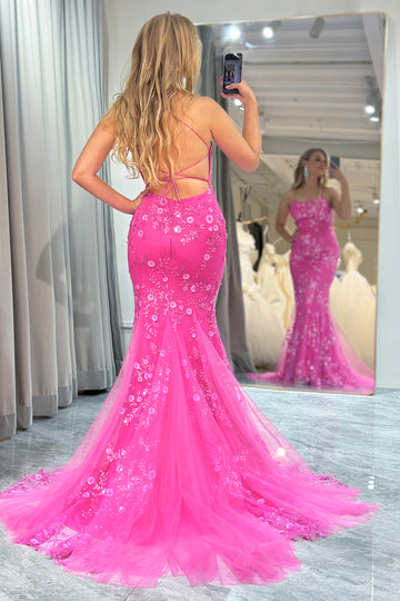 Mermaid Hot Pink Beading Tulle Prom Dress with Lace-up Back